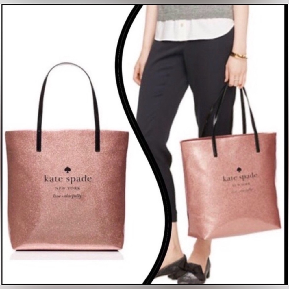 kate spade holiday drive bon shopper tote bag glitter sparkle rose gold
